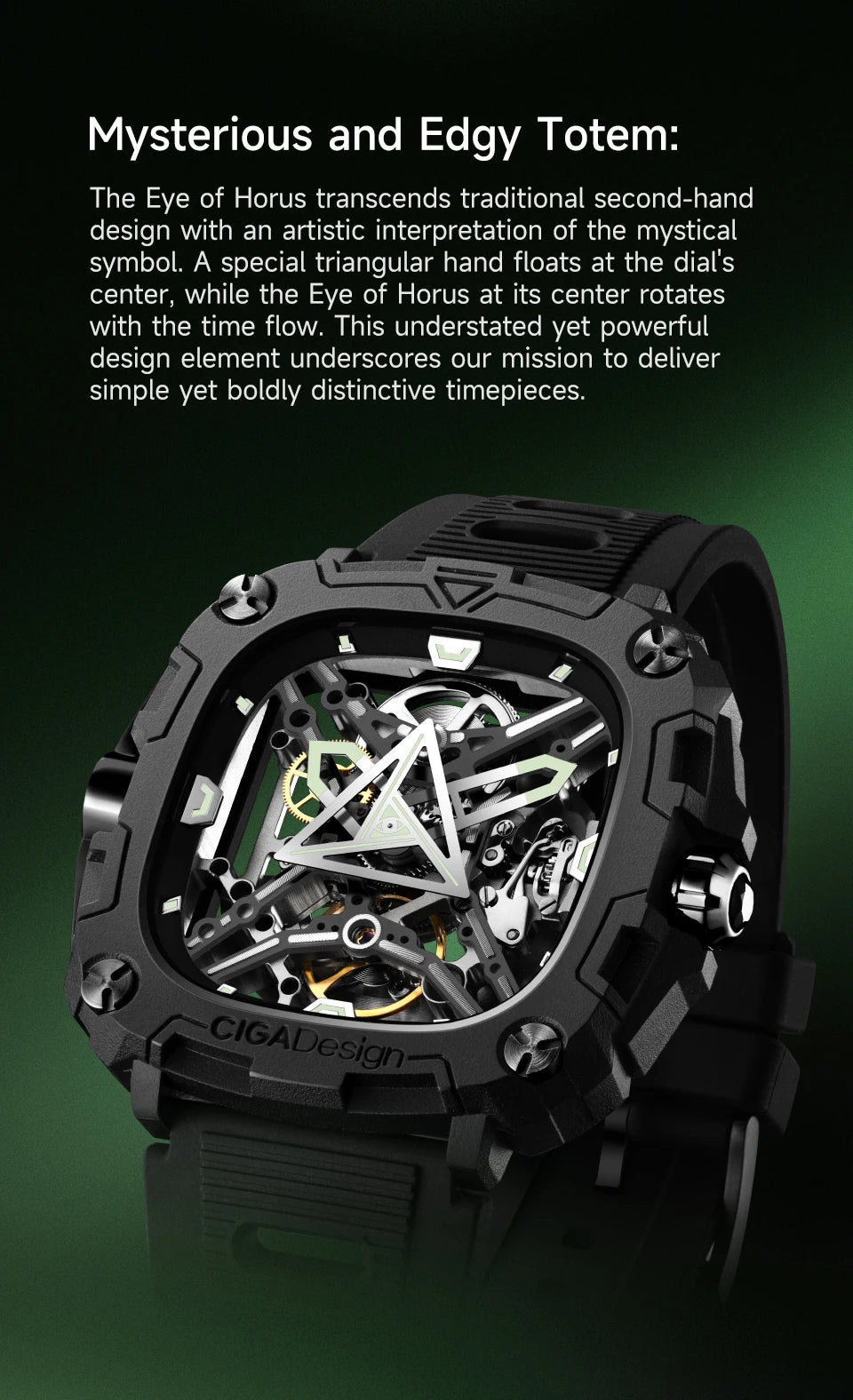 CIGA Design Series X Men's Watch: Eye of Horus Skeleton with Luminous Square Design.