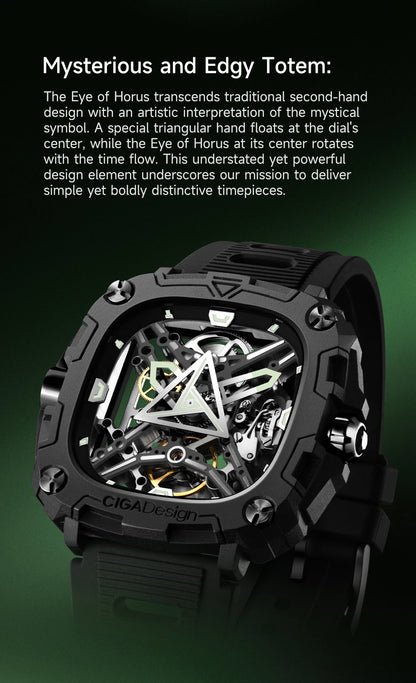 CIGA Design Series X Men's Watch: Eye of Horus Skeleton with Luminous Square Design.