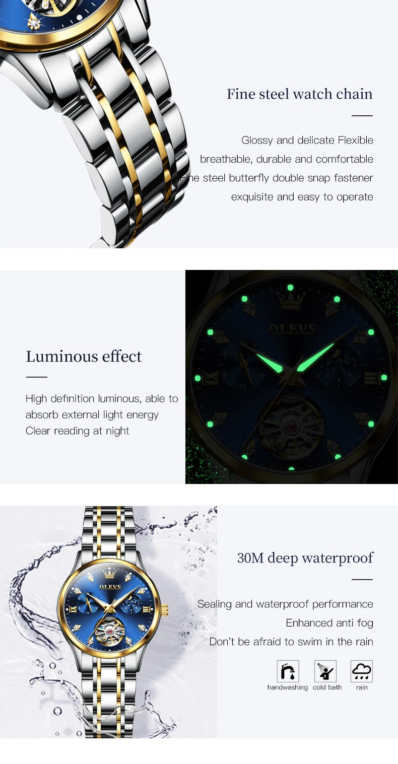 Montre automatique OLEVS pour femme, squelette lumineux étanche, originale, mécanique, élégante, pour femme