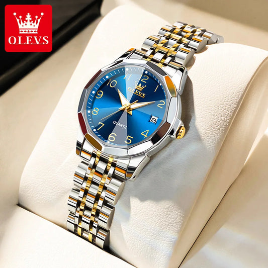 Montre dorée OLEVS pour femme, design losange élégant de luxe, cadran numérique, bracelet en acier inoxydable, horloge calendrier étanche pour femme