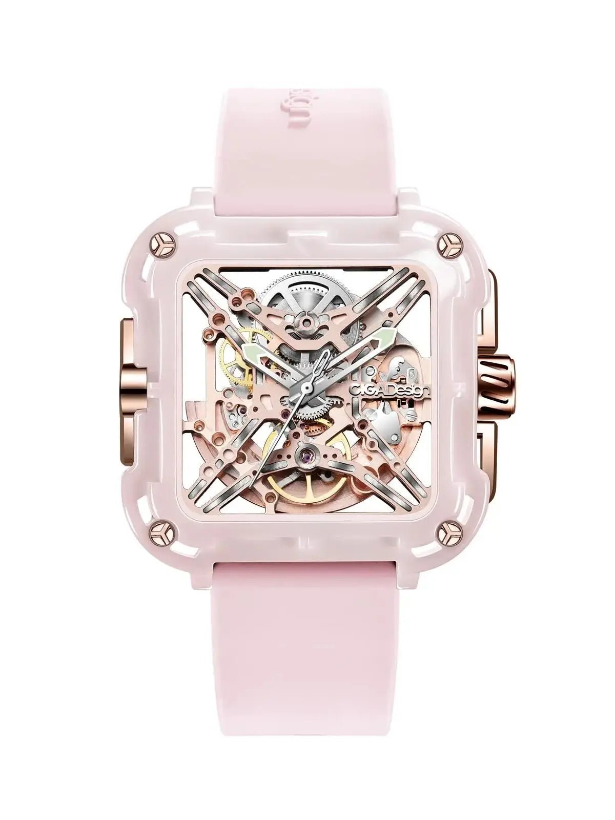 CIGA Design X Series Women's Watch: Pink Ceramic Skeleton with Soft Silicone Strap.