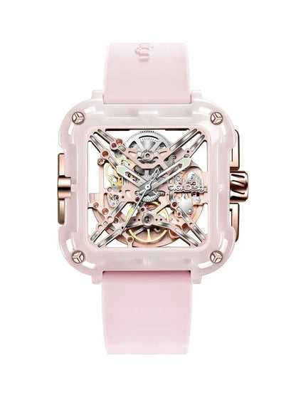 CIGA Design X Series Women's Watch: Pink Ceramic Skeleton with Soft Silicone Strap.