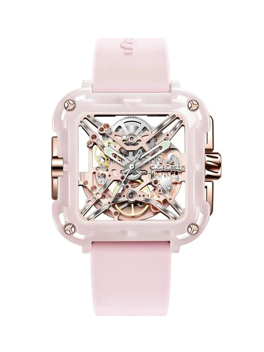 CIGA Design X Series Women's Watch: Pink Ceramic Skeleton with Soft Silicone Strap.
