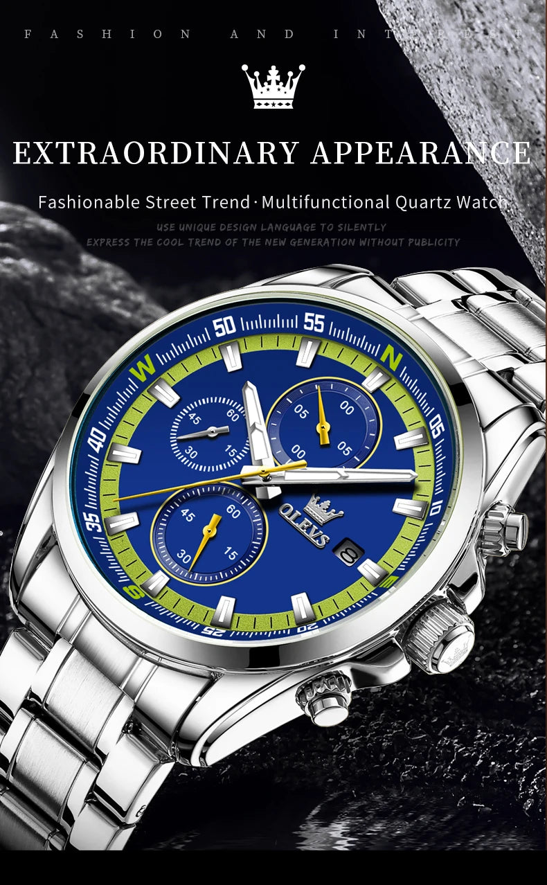 Montres exclusives originales pour hommes OLEVS Chronographe Cadran lumineux Montre-bracelet en acier inoxydable étanche à la mode pour hommes TOP Marque