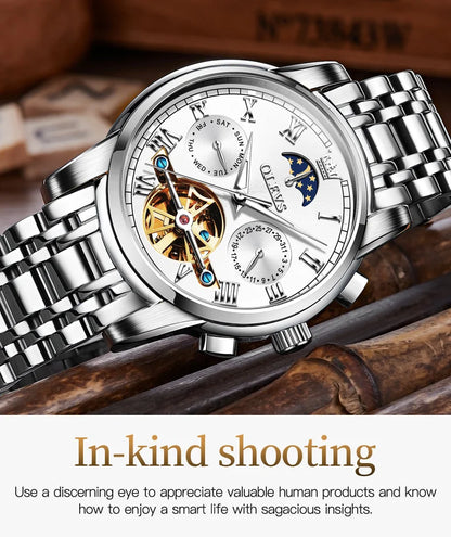 OLEVS Original Automatic Mechanical Watch for Men Luxury TOP Brand Waterproof Luminous Moon Phase Tourbillon Wristwatch Male