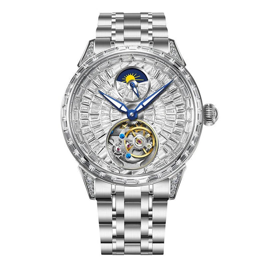 Men's Watch: Diamond Dial Stainless Steel Belt with Tourbillon Movement