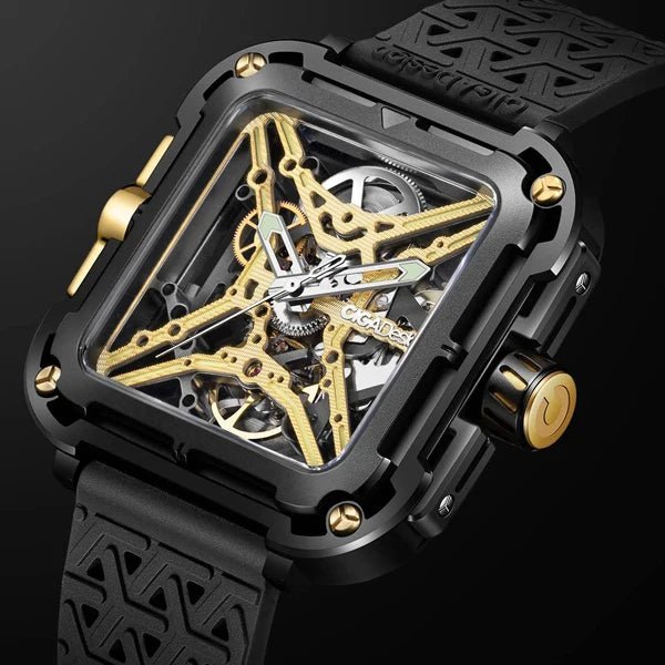 CIGA Design X Series Men's Watch: Titanium Gold Skeleton with Two Straps.