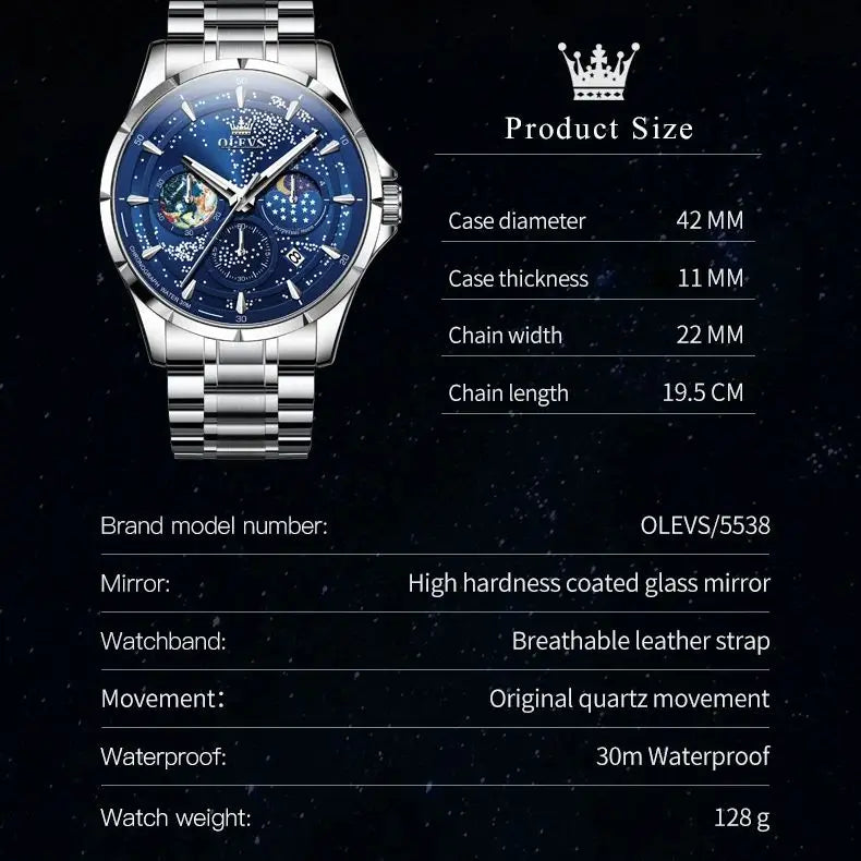 Montres pour hommes OLEVS 5538 avec bracelet en acier inoxydable, montre à quartz lumineuse, étanche, à la mode, avec phases de lune et ciel étoilé