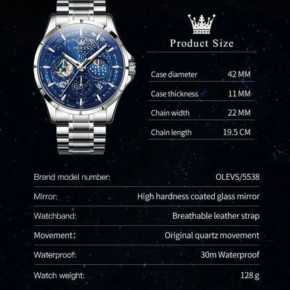 Montres pour hommes OLEVS 5538 avec bracelet en acier inoxydable, montre à quartz lumineuse, étanche, à la mode, avec phases de lune et ciel étoilé
