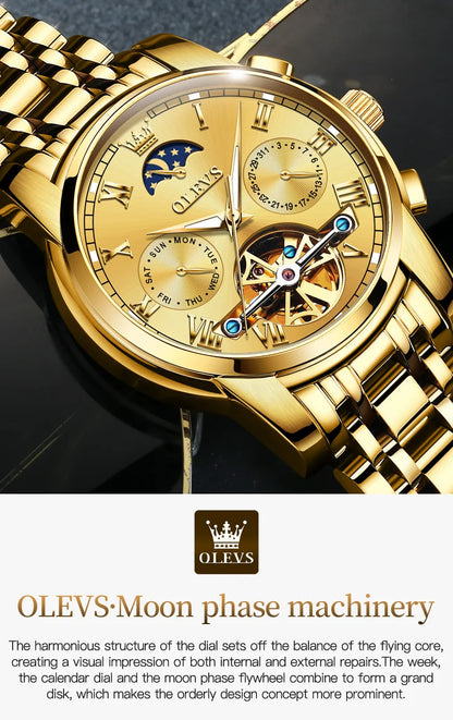 OLEVS Original Automatic Mechanical Watch for Men Luxury TOP Brand Waterproof Luminous Moon Phase Tourbillon Wristwatch Male