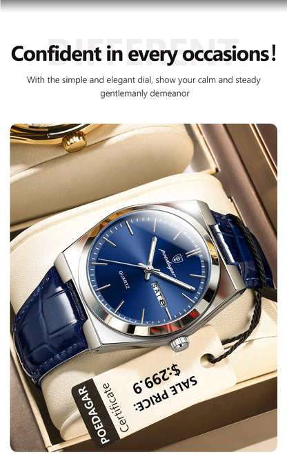 POEDAGAR Luxury Watch for Men Military Leather Man Wristwatch Quartz Clock Waterproof Luminous Date Week Men's Watches Reloj+box