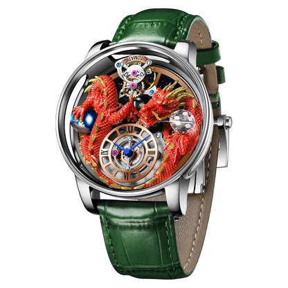 PINDU Men's Watch: Handmade Dragon Design with Curved Transparent Mirror