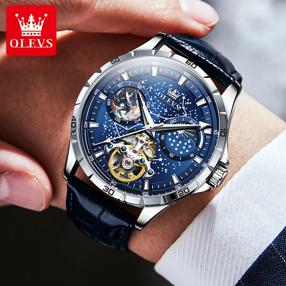 OLEVS New Men's Automatic Watch Skeleton Multifunctional Starry Sky Stainless Steel Leather Watchband Luxury Dress Wrist Watches
