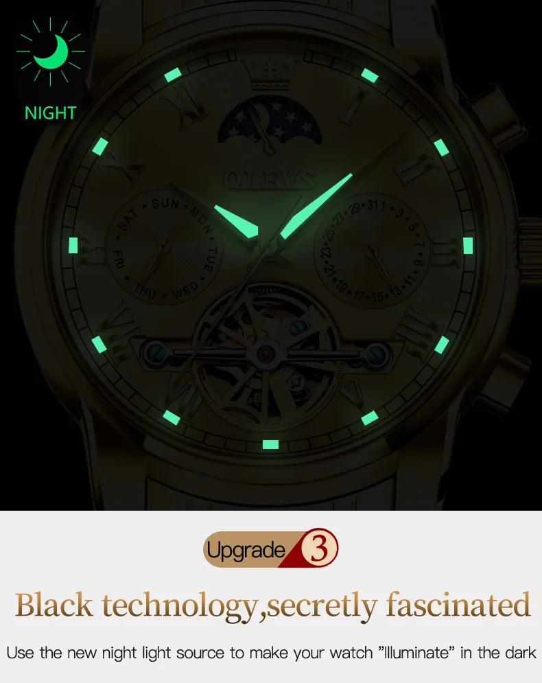 OLEVS Original Automatic Mechanical Watch for Men Luxury TOP Brand Waterproof Luminous Moon Phase Tourbillon Wristwatch Male