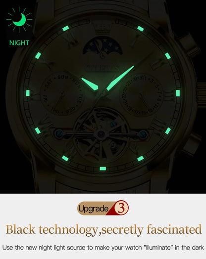 OLEVS Original Automatic Mechanical Watch for Men Luxury TOP Brand Waterproof Luminous Moon Phase Tourbillon Wristwatch Male