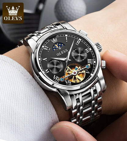 OLEVS Original Automatic Mechanical Watch for Men Luxury TOP Brand Waterproof Luminous Moon Phase Tourbillon Wristwatch Male