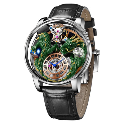 PINDU Men's Watch: Handmade Dragon Design with Curved Transparent Mirror