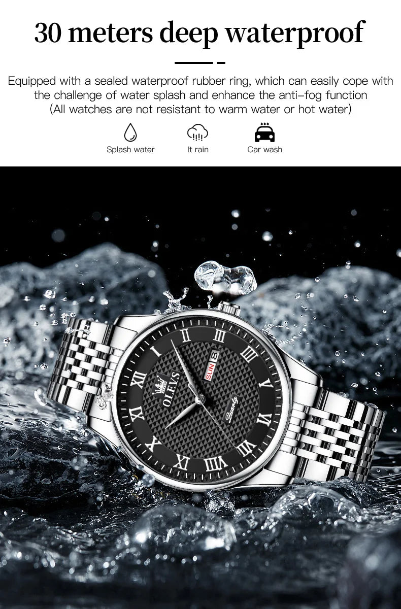 OLEVS New Quartz Watch for Men Waterproof Stainless Steel Business Fashion Calendar/Week Display Top Quartz Men's Watches
