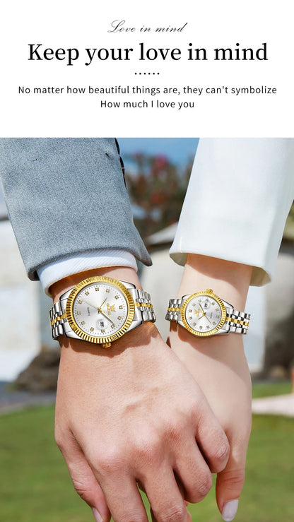 Ensemble de montres pour couple OLEVS Montre de luxe en or avec diamant Montre-bracelet à quartz lumineuse étanche Montre en acier inoxydable pour amoureux Cadeaux 5526