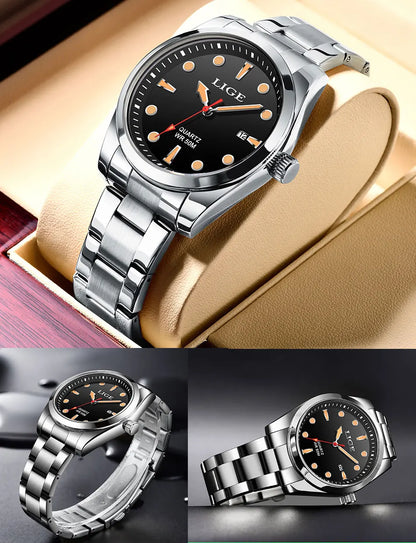 LIGE Mens Watches 5ATM Sports Waterproof Quartz Wristwatch Luminous Clock Ultra Thin Date Watch for Men Relogio Masculino+Box