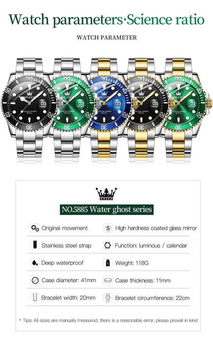 OLEVS Men Watch Diver Green Waterproof Watch for Men Stainless Steel Quartz Men Luxury Watch Luminous