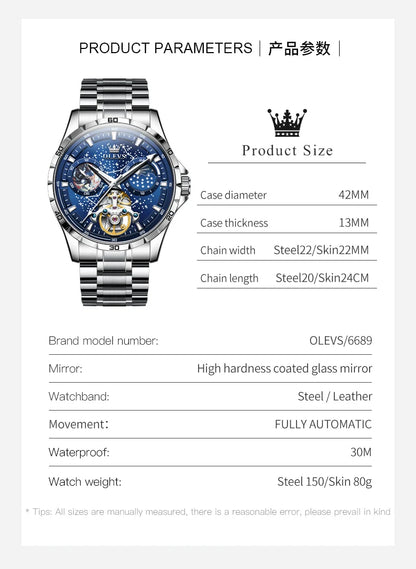 OLEVS New Men's Automatic Watch Skeleton Multifunctional Starry Sky Stainless Steel Leather Watchband Luxury Dress Wrist Watches