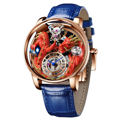 PINDU Men's Watch: Handmade Dragon Design with Curved Transparent Mirror