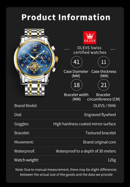OLEVS Men's Watches Multifunctional Wristwatch for Men Waterproof Stainless Steel Luminous Flywheel Design Man Watch 2024 New