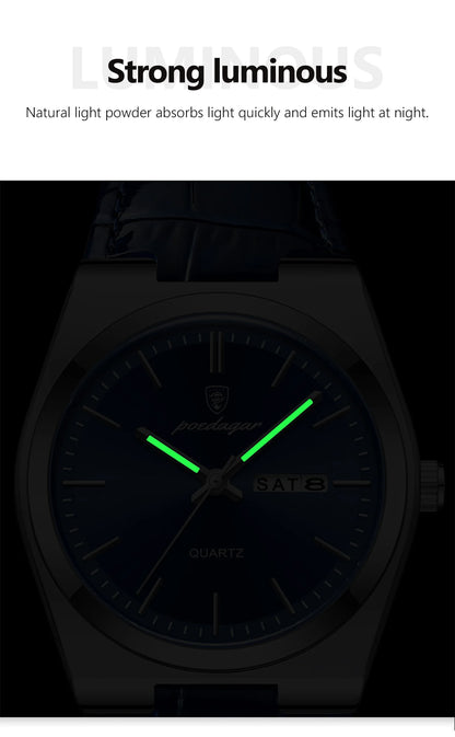 POEDAGAR Luxury Watch for Men Military Leather Man Wristwatch Quartz Clock Waterproof Luminous Date Week Men's Watches Reloj+box