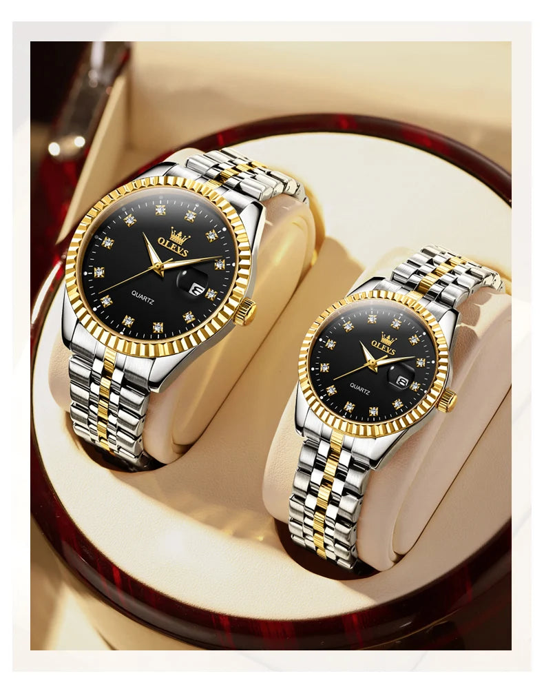 Ensemble de montres pour couple OLEVS Montre de luxe en or avec diamant Montre-bracelet à quartz lumineuse étanche Montre en acier inoxydable pour amoureux Cadeaux 5526