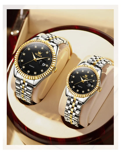 Ensemble de montres pour couple OLEVS Montre de luxe en or avec diamant Montre-bracelet à quartz lumineuse étanche Montre en acier inoxydable pour amoureux Cadeaux 5526