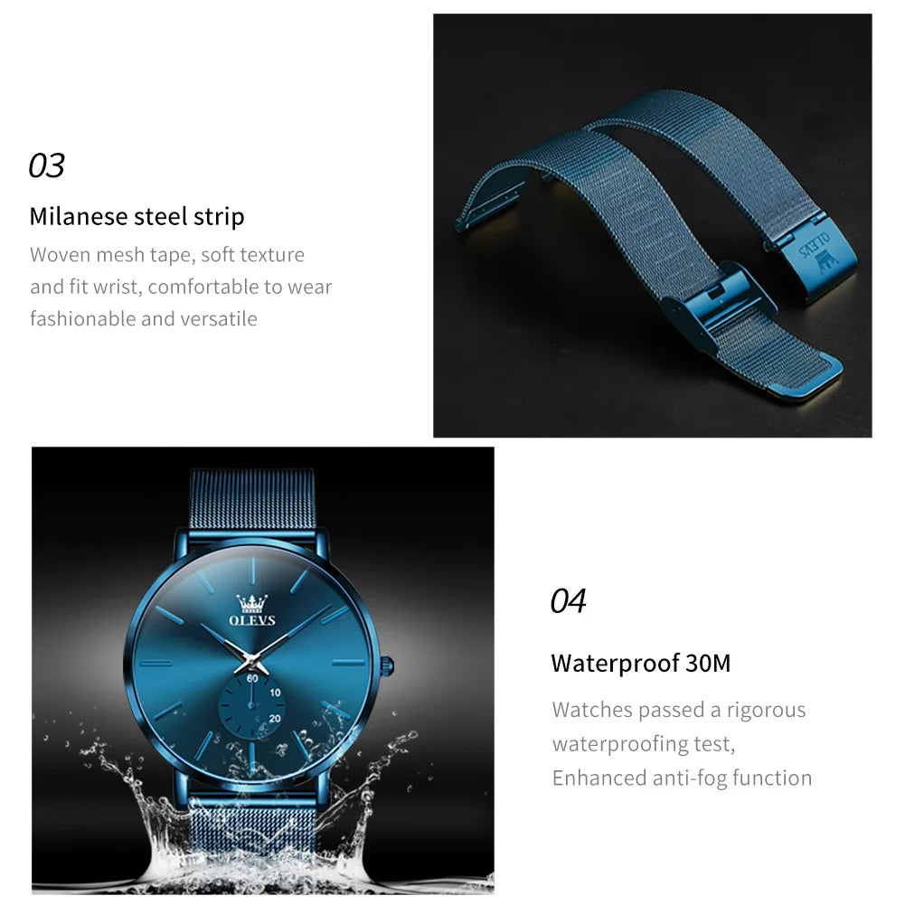 OLEVS Montres pour hommes avec cadran ultra fin de 7,5 mm Bracelet en maille d'acier inoxydable Montre à quartz décontractée de marque supérieure étanche et lumineuse pour hommes