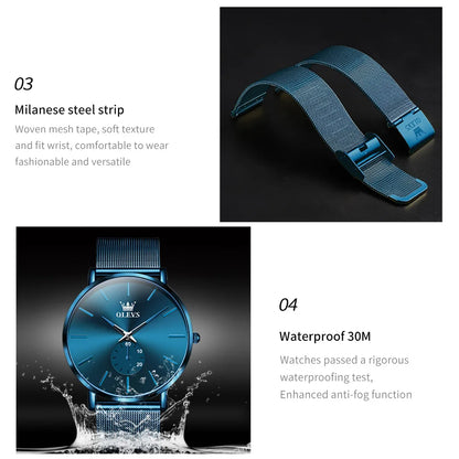 OLEVS Montres pour hommes avec cadran ultra fin de 7,5 mm Bracelet en maille d'acier inoxydable Montre à quartz décontractée de marque supérieure étanche et lumineuse pour hommes