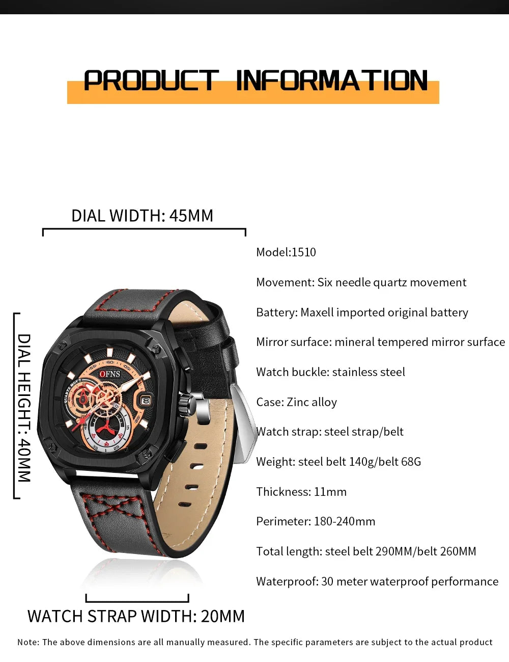 OFNS 1510 New Fashion Men's Quartz Watch Popular Square Watch Fluorescent Minimalist Calendar Waterproof Quartz Watch