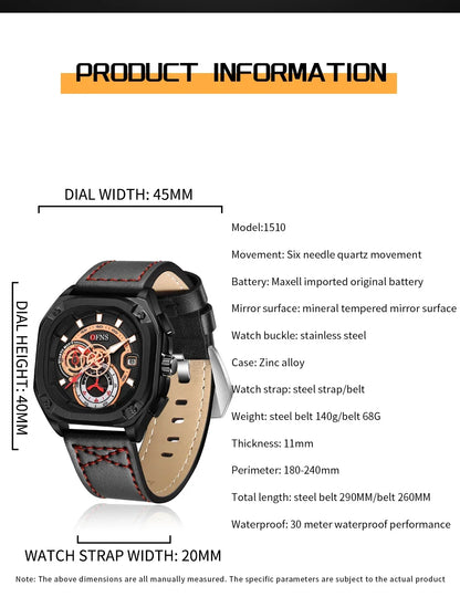 OFNS 1510 New Fashion Men's Quartz Watch Popular Square Watch Fluorescent Minimalist Calendar Waterproof Quartz Watch