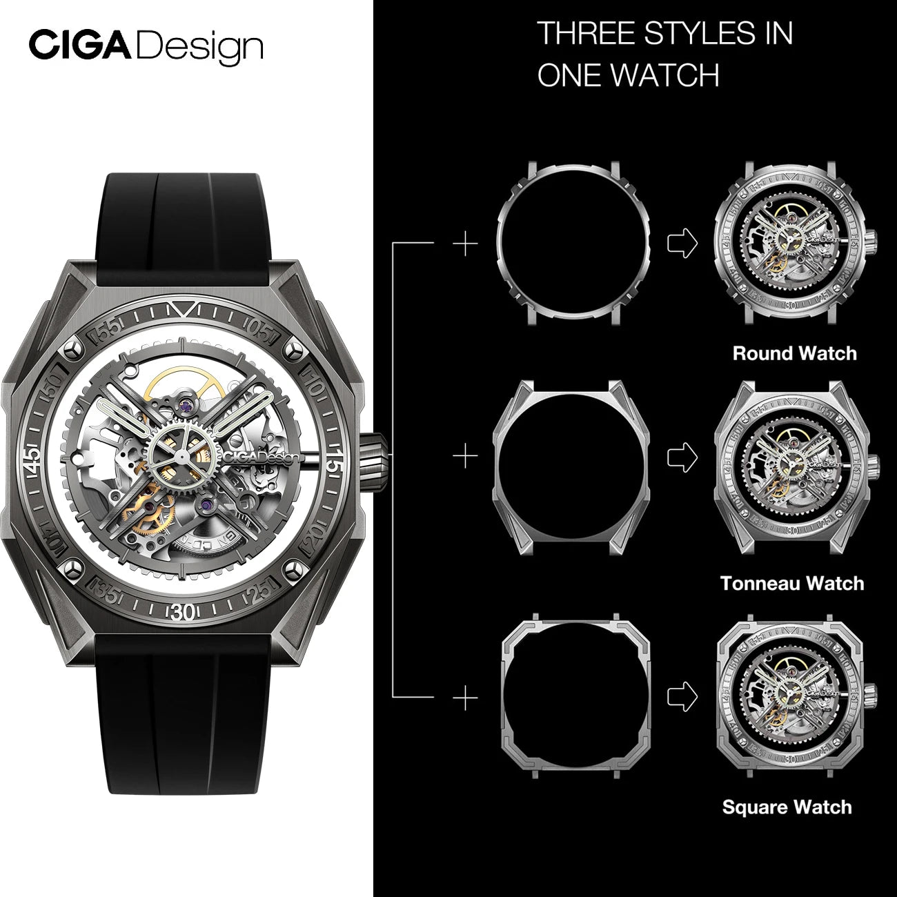 CIGA Design Men's Watch: 3-in-1 Titanium Skeleton with Fluororubber Strap.