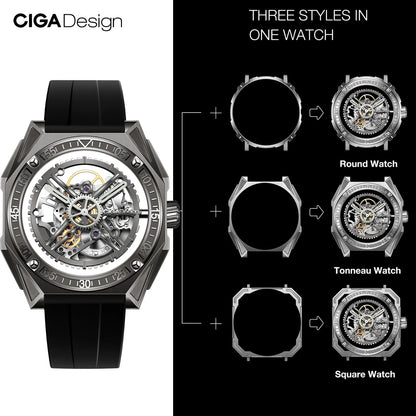 CIGA Design Men's Watch: 3-in-1 Titanium Skeleton with Fluororubber Strap.