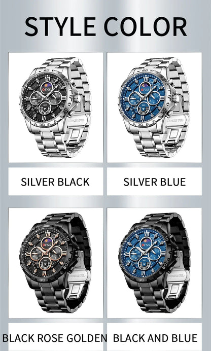 OFNS 1523 Men's Steel Band Six Needle Quartz Watch Fashionable and Trendy Simple Nightglow Waterproof Men's Watch
