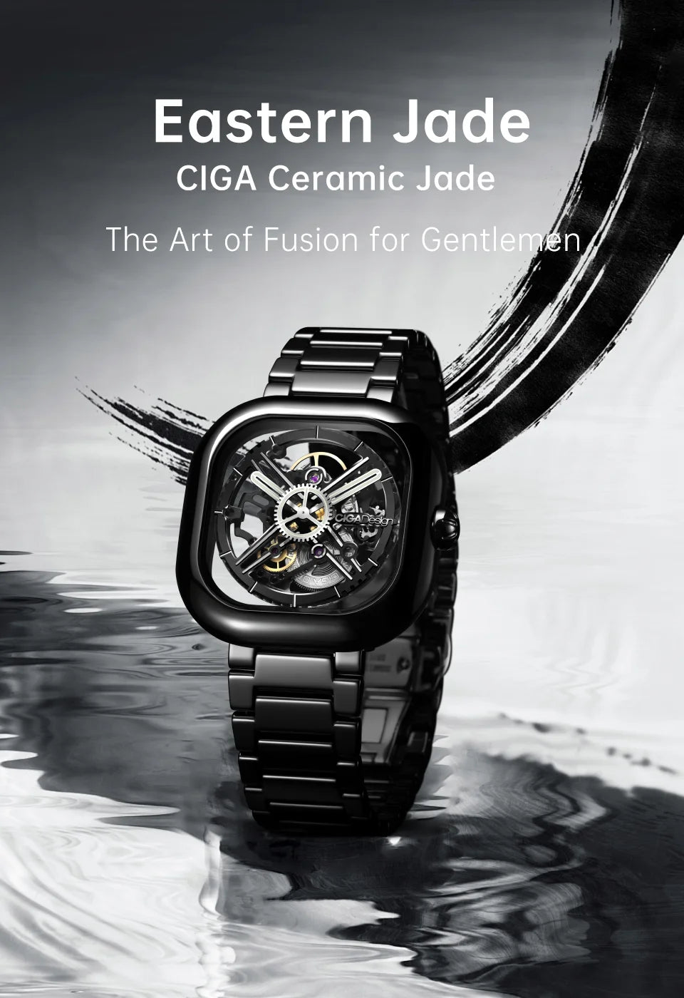 CIGA Design Y Series Watch: Eastern Jade Black Skeleton with Luminous Ceramic Case.