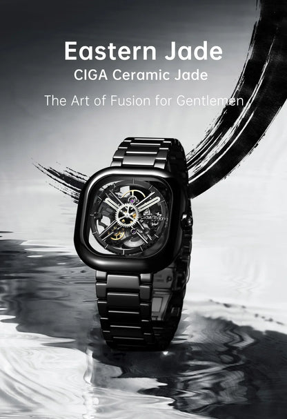 CIGA Design Y Series Watch: Eastern Jade Black Skeleton with Luminous Ceramic Case.