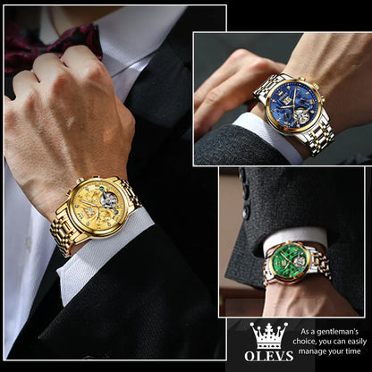 Montre mécanique automatique originale OLEVS 9910 pour hommes Tourbillon Skeleton Design Montre-bracelet pour hommes en acier inoxydable Phase de lune