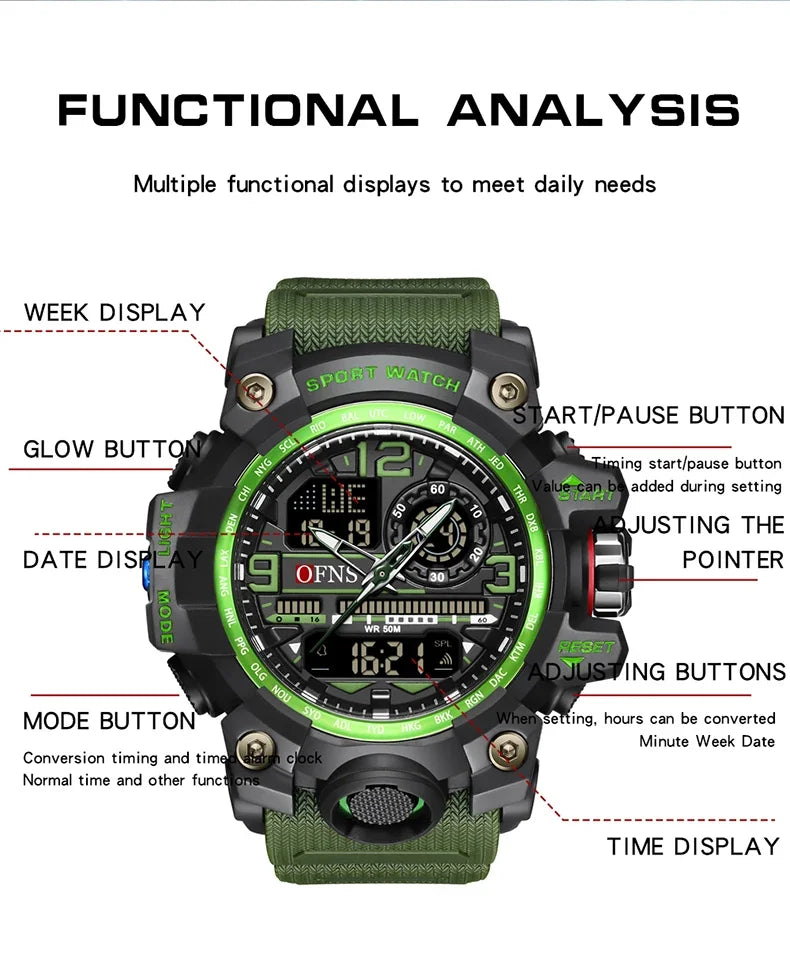 OFNS Brand Men's Digital Watch Military Sports Quartz Watch Top Luxury LED Waterproof Men's Quartz Electronic Watch 3133
