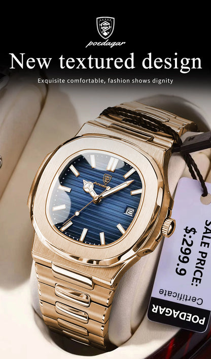 POEDAGAR Man Wristwatch Business Luxury Square Men Quartz Watch Waterproof Luminous Date Stainless Steel Men's Watches Clock+box