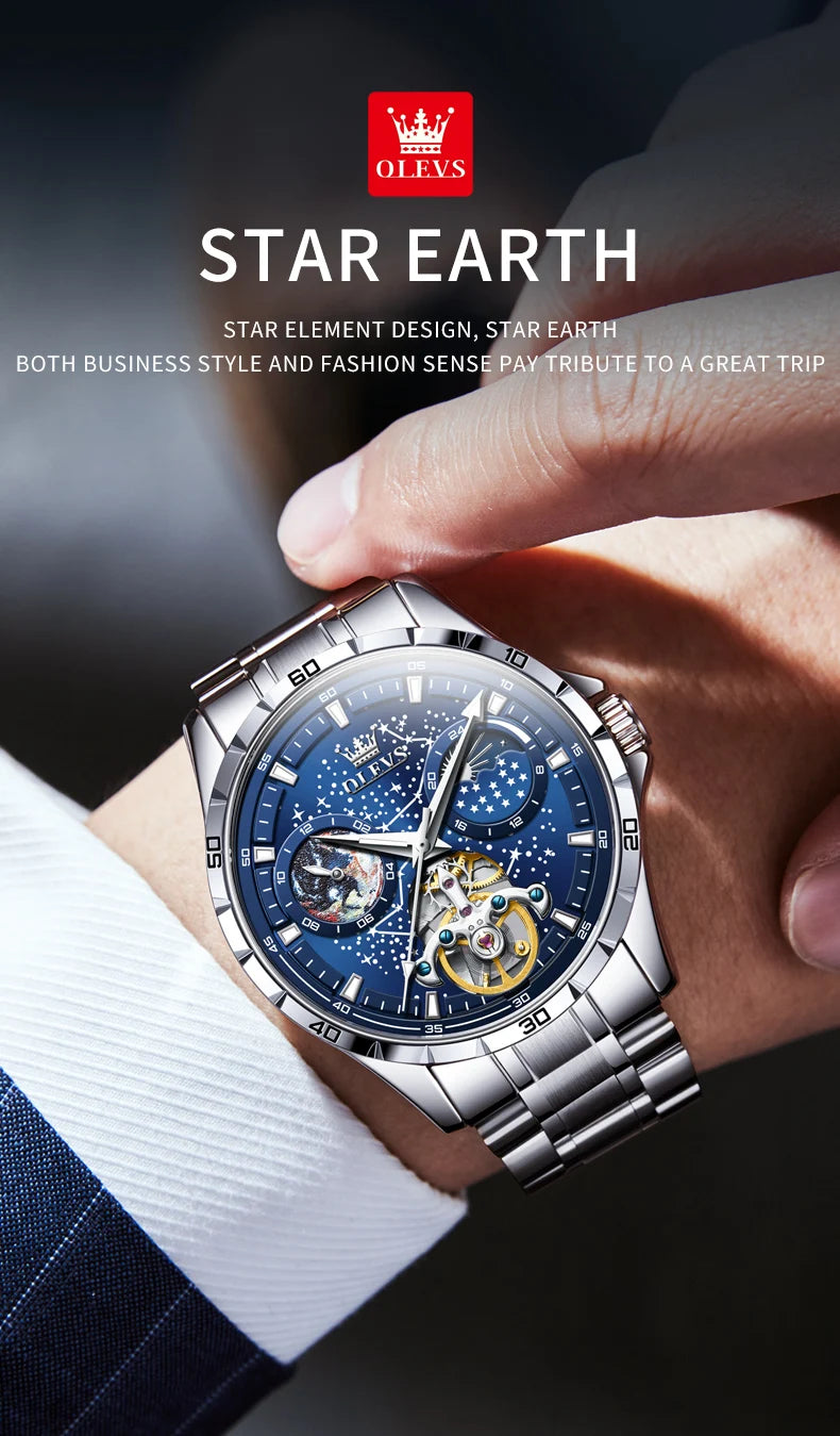 OLEVS New Men's Automatic Watch Skeleton Multifunctional Starry Sky Stainless Steel Leather Watchband Luxury Dress Wrist Watches