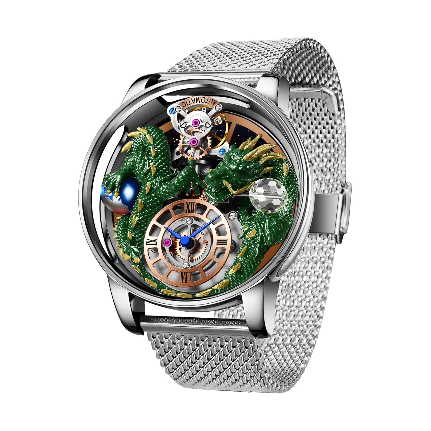 PINDU Men's Watch: Handmade Dragon Design with Curved Transparent Mirror