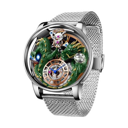PINDU Men's Watch: Handmade Dragon Design with Curved Transparent Mirror