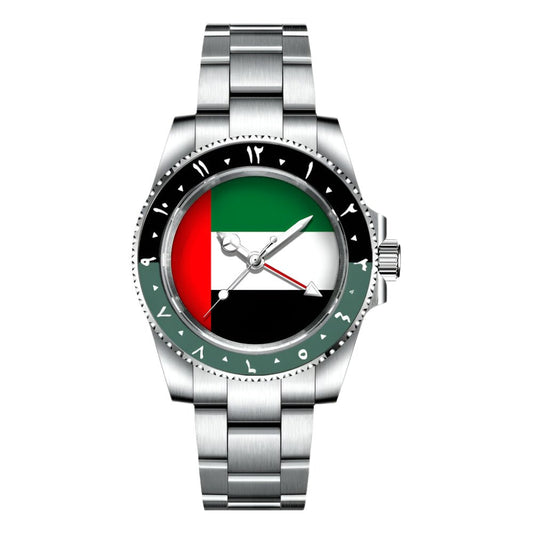 NH34 GMT Watch Flag of the United Arab Emirates Dial 40mm Green Black Bezel Automatic Mechanical Movement Watch Sapphire Crystal.