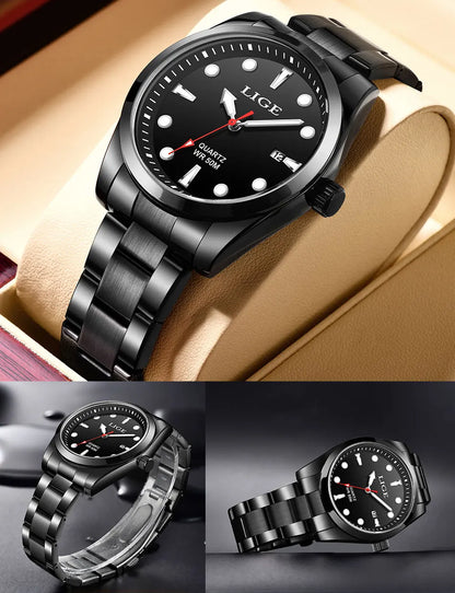 LIGE Mens Watches 5ATM Sports Waterproof Quartz Wristwatch Luminous Clock Ultra Thin Date Watch for Men Relogio Masculino+Box