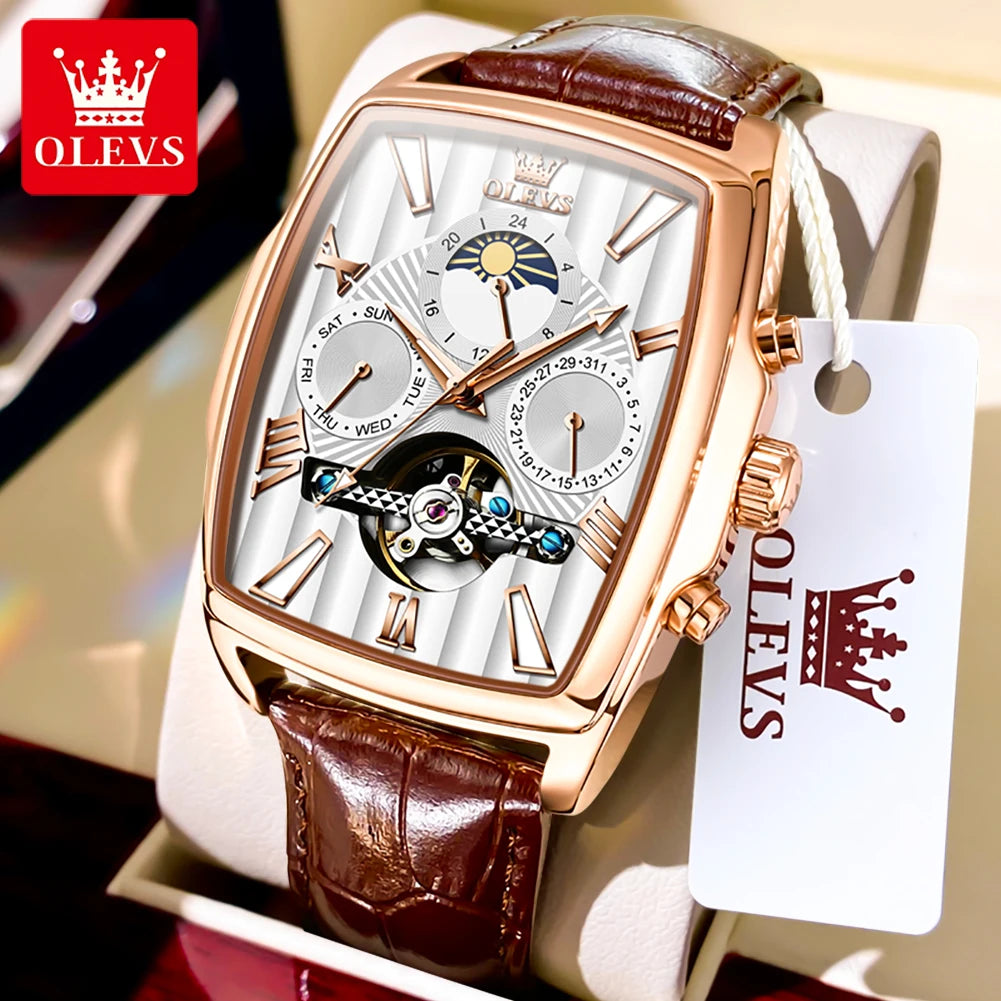 Montre automatique pour homme OLEVS Bracelet en cuir d'origine Date Cadran carré Montre-bracelet pour homme étanche Montre mécanique pour homme