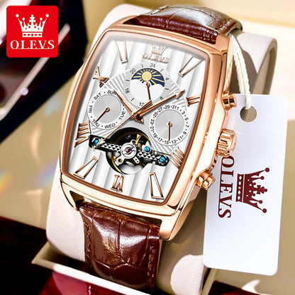 Montre automatique pour homme OLEVS Bracelet en cuir d'origine Date Cadran carré Montre-bracelet pour homme étanche Montre mécanique pour homme